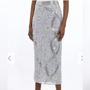 NWT Karen Millen Beaded Embellished Silver Woven Pencil Skirt $565 Size US 8